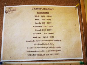 Opening times at Govinda Csillaghegy in Budapest
