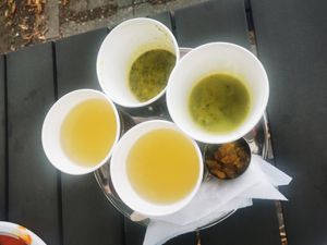 Broccoli soup and rose limonade at Govinda Csillaghegy in Budapest