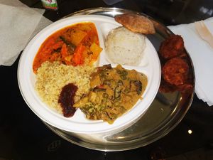Sabji with bulgur and rice, vegan meatloaf at Govinda Csillaghegy in Budapest