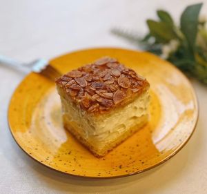 Almond custard cake at Govinda Csillaghegy in Budapest