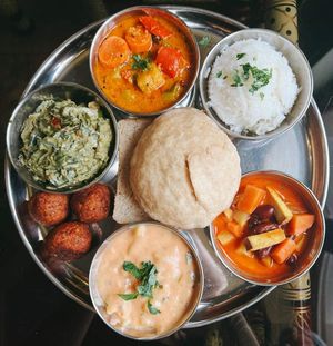 Bean goulash with smoked tofu, butter bean stew, sabji at Govinda Csillaghegy in Budapest
