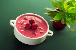 Raspberry cream soup at Govinda Csillaghegy in Budapest