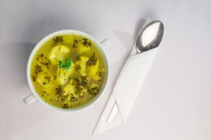Clear cauliflower soup at Govinda Csillaghegy in Budapest