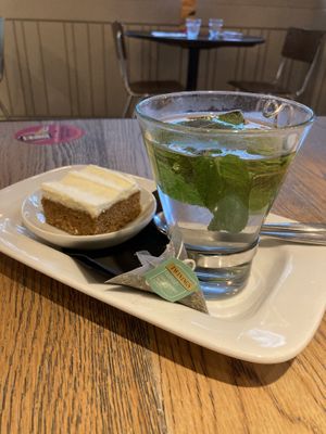 Vegan carrot cake with peppermint tea  at Pizza Express - George IV Bridge in Edinburgh