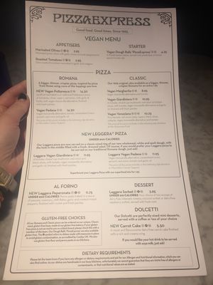 Vegan menu  at Pizza Express - North Bridge in Edinburgh