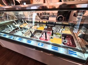 Ice cream display. Black handled scoops are vegan options.  at i Nonni Cremeria in Bratislava
