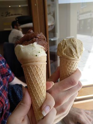 Check if cones are vegan. The ice cream was fabulous. Pistachio on the right, chocolate and lemon-basil on the left. Pistachio was best. at i Nonni Cremeria in Bratislava