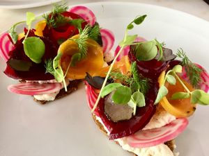 Beet tostada with truffles macadamia ricotta: artful and melts in your mouth! at Plant Miami in Miami