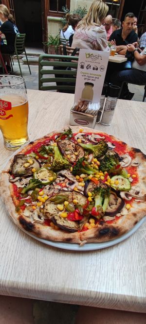 Vegan pizza with grilled vegetables at Coogi's Restaurant in Mdina
