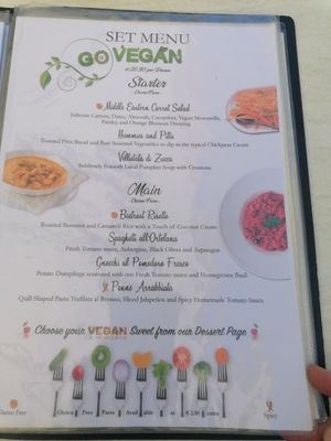 Main menu with vegan markings included at Coogi's Restaurant in Mdina