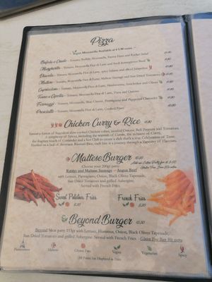 Main menu with vegan markings included at Coogi's Restaurant in Mdina