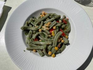 Spirulina pasta with coconut cream, peppers and chickpeas  at Coogi's Restaurant in Mdina
