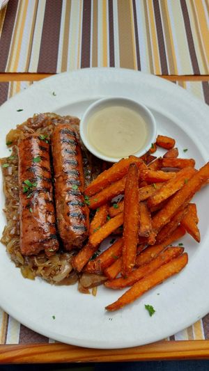 Beyond sausages with cabbage and sweet potatoes at Coogi's Restaurant in Mdina