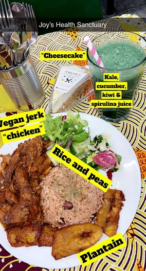 Vegan jerk chicken, rice and peas and plantain; Joy’s green special; cheezecake   at Vegan Flavours in South East London