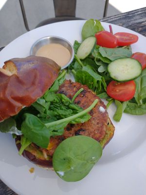 The guac burger on a pretzel bun. at Cuppa in Ogden