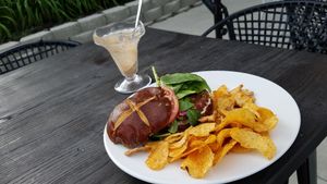 Veggie Burger with Guac, apple & bbq chips and chocolate peanut butter icecream. - The icecream will not wait for the photo!!! Delicious! at Cuppa in Ogden