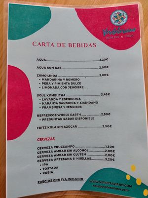 Drinks menu as of March 2024 at Verdetariano in Sevilla