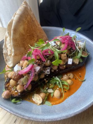 Harissa eggplant with chickpeas  at The Fig in Rye