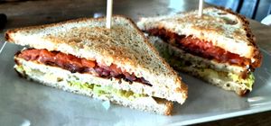 Sandwich with aubergine bacon and grilled tomatoes, served on a home-made bread at Berlinka Cafe in Bratislava