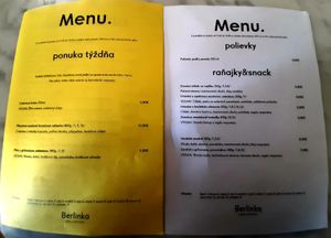Menu at Berlinka Cafe in Bratislava