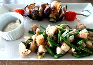 Grilled vegetable pantry with rutabaga/green beans 'stir fry'.  at Berlinka Cafe in Bratislava