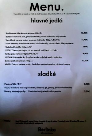 Menu at Berlinka Cafe in Bratislava