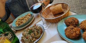 Smashed eggplant, giant beans and tomato fried at Tamam in Crete