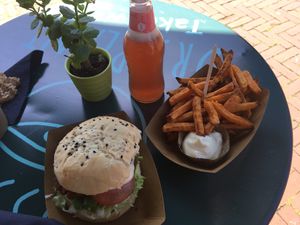 Pecan Truffle Burger with sweet potato fries (and mayonnaise) at Dr.Plant in Leeuwarden