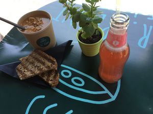 Peanut soup, rhubarb soda and toast  at Dr.Plant in Leeuwarden