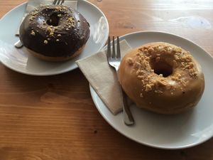 Salted caramel and chocolate donut at Vegan Food & Sweet Bar in Brno