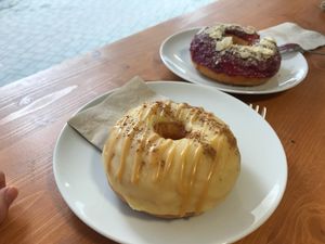Vanilla and forest fruit ring donuts  at Vegan Food & Sweet Bar in Brno
