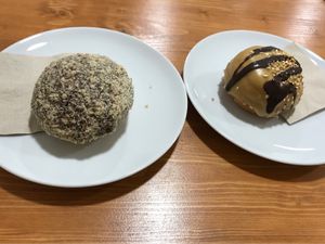 Nougat and caramel filled donuts at Vegan Food & Sweet Bar in Brno