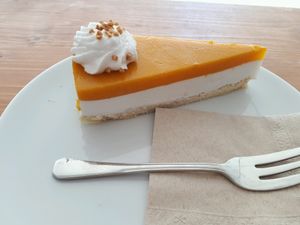 Mango cheesecake at Vegan Food & Sweet Bar in Brno