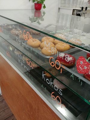 Variety of doughnuts at Vegan Food & Sweet Bar in Brno