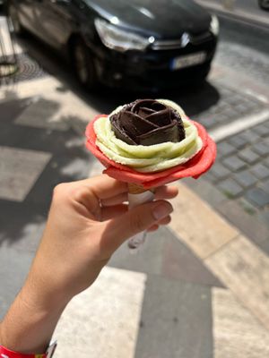 Three flavours; strawberry, lemon basil and chocolate.  at Gelarto Rosa - Szent István in Budapest