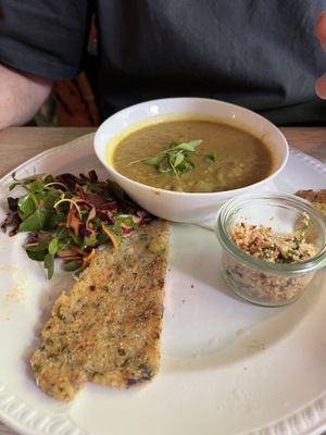 Dahl, flatbread and sambal   at Charlie's in Tintagel
