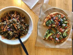 Mediterranean bowl and vegan/gluten free pizza at Aubergine & Company in Lehi