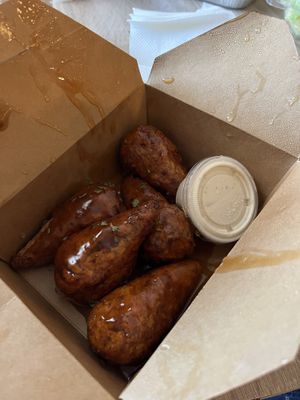 Wings with chopstick “bones"  at Something Vegan in Toluca Lake