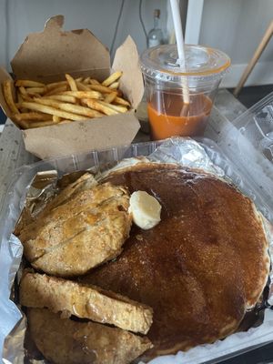 Pancake dish, regular fries and Thai tea  at Something Vegan in Toluca Lake