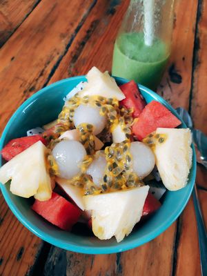 Delicious fruit bowl (no yoghurt) - apple, watermelon, longan, pineapple, passionfruit. at Chookie's Beer Garden in Ninh Binh