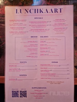 Het menu. Vegan staat duidelijk aangegeven at NUL73 in Den Bosch