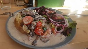 Mushroom jacked potatoes at Fabrik Food Factory in Brno