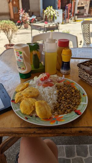 Set lunch (3.50). Comes with soup and juice at Carmita's Pancake House Restaurant in Montanita