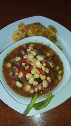 traditional meal, vegan version at Carmita's Pancake House Restaurant in Montanita