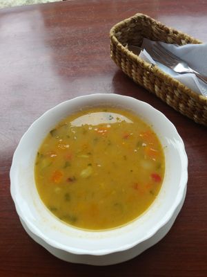 Example of daily almuerzo - first course: vegetable soup at Carmita's Pancake House Restaurant in Montanita