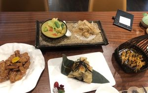 Caramelized Meat Substitute, Spring Rolls, Curry with Flaky Dough, Vegan Chicken Skewers at Xing Yuan ZiRan SuShi in Zhuhai