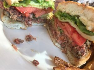 My hubby's Impossible Burger cooked medium rare at Skopelos in Pensacola