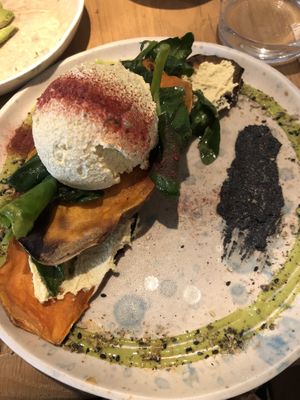 “not toast” - sweet potato slices, sour cream, veggies, black tahini (10€)  at My Mother's Daughters  in Lisbon