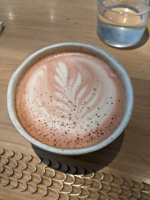Beetroot & Chaga mushroom oatmilk latte at My Mother's Daughters  in Lisbon