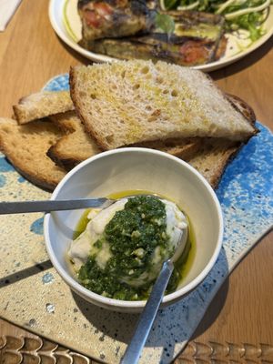 Burrata ao pesto with sourdough breadd  at My Mother's Daughters  in Lisbon